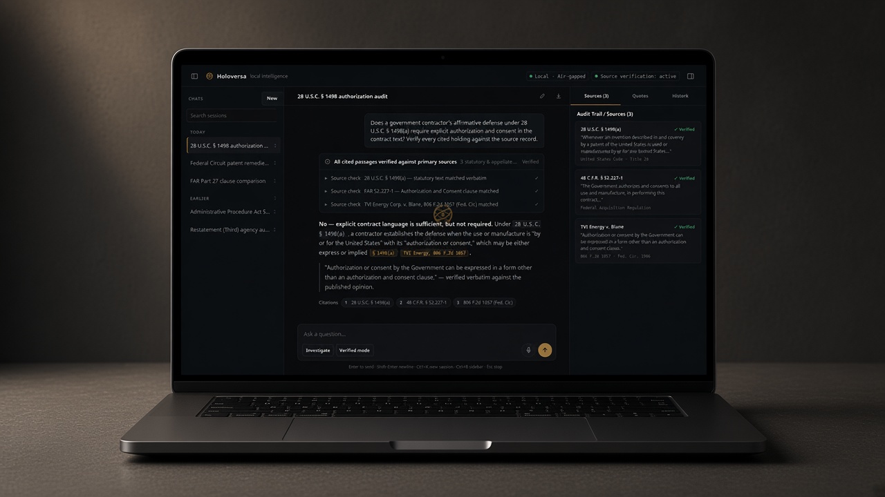 Holoversa local intelligence interface showing verified primary-source legal audit